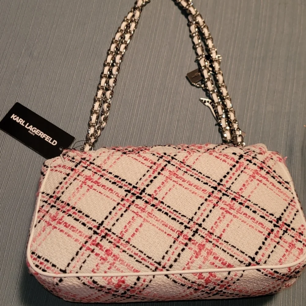 Karl Lagerfeld Plaid Pink and White Shoulder Bag - Picture 3 of 6